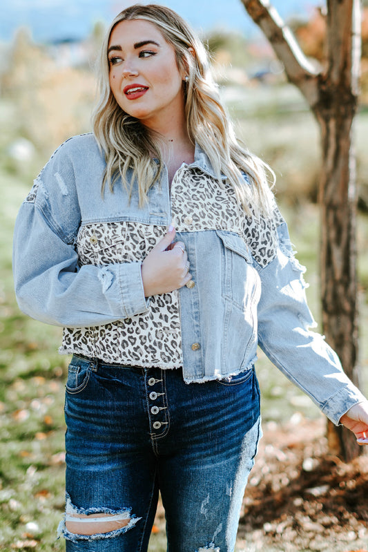 Curvy Leopard Raw Hem Distressed Spliced Denim Jacket