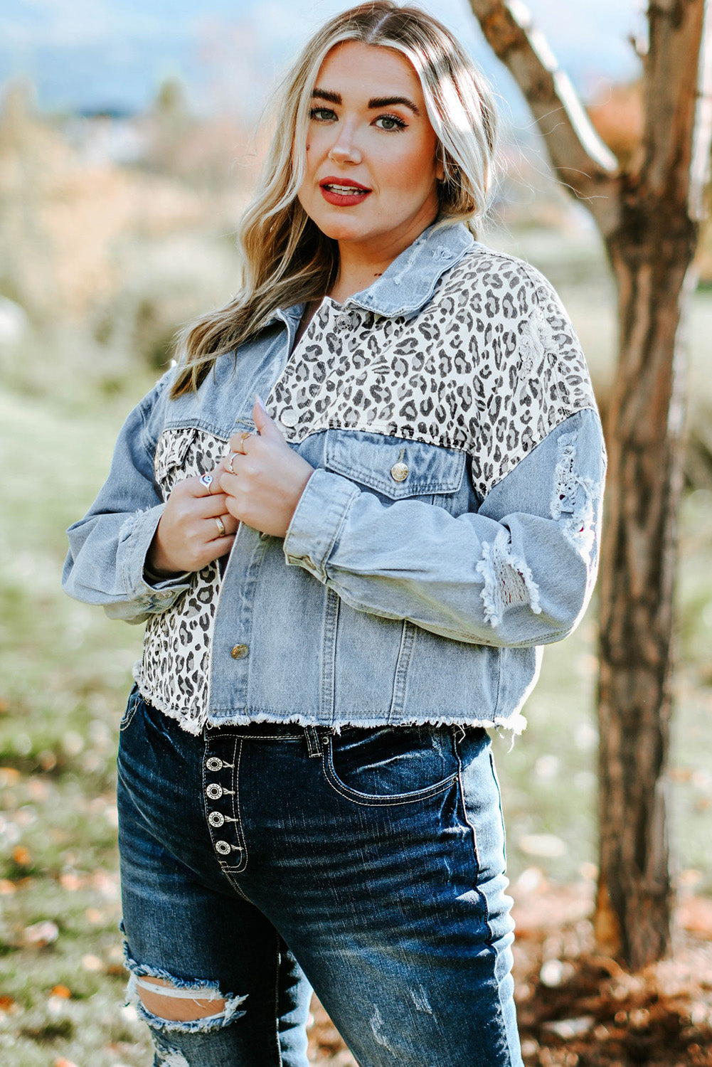 Curvy Leopard Raw Hem Distressed Spliced Denim Jacket