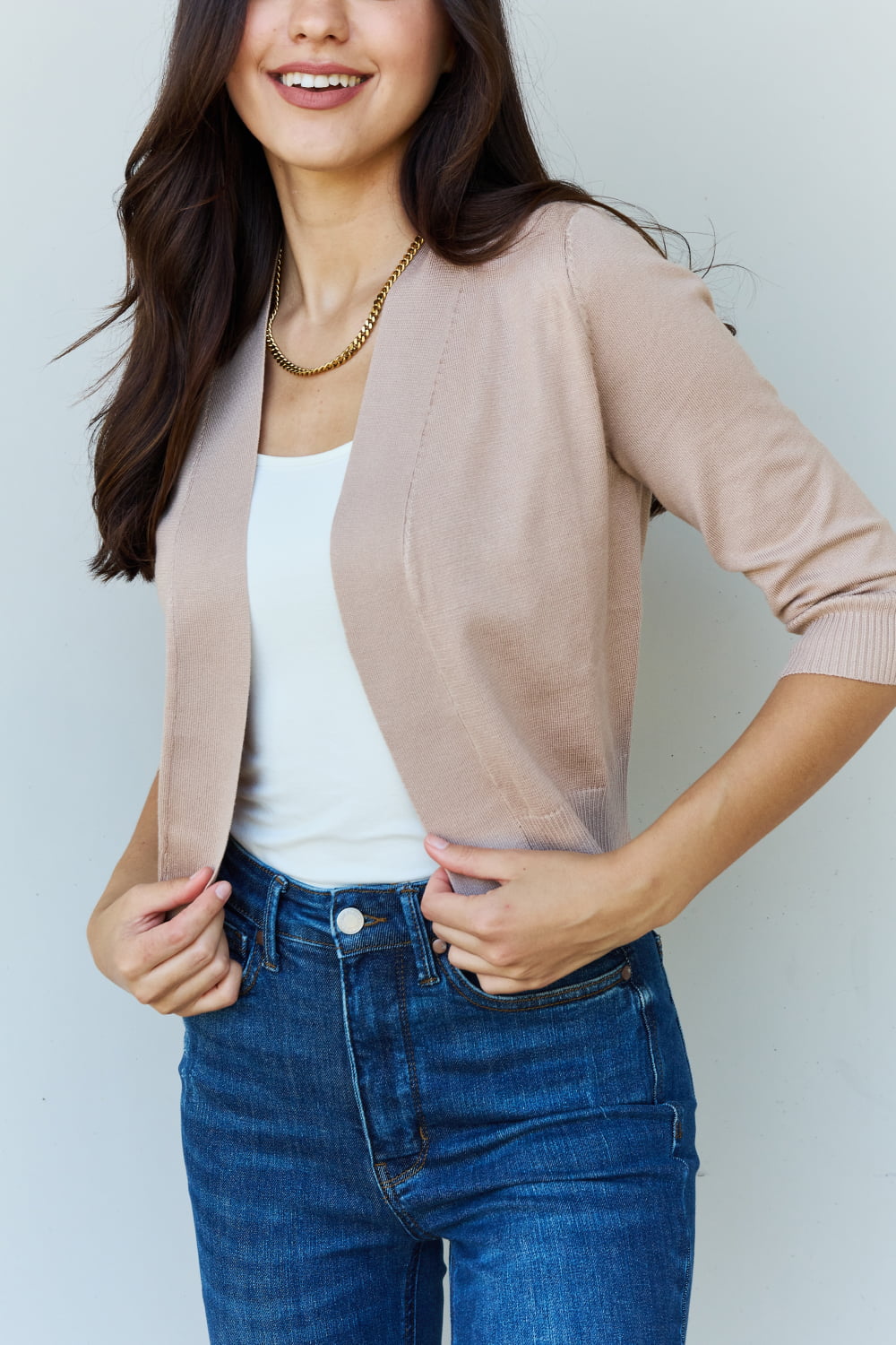 Amanda 3/4 Sleeve Cropped Cardigan in Khaki