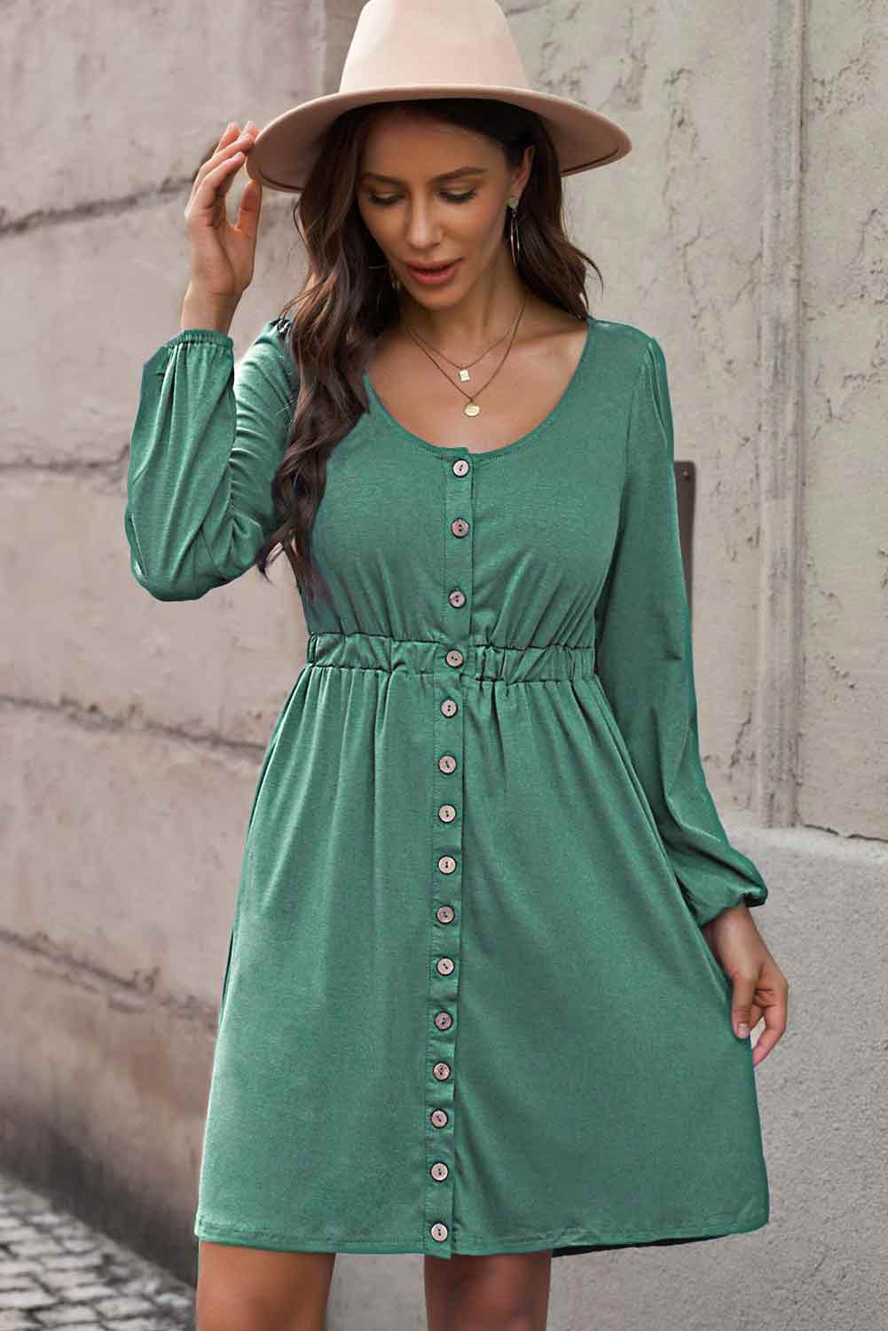 Curvy Button Front Elastic Waist Long Sleeve Dress