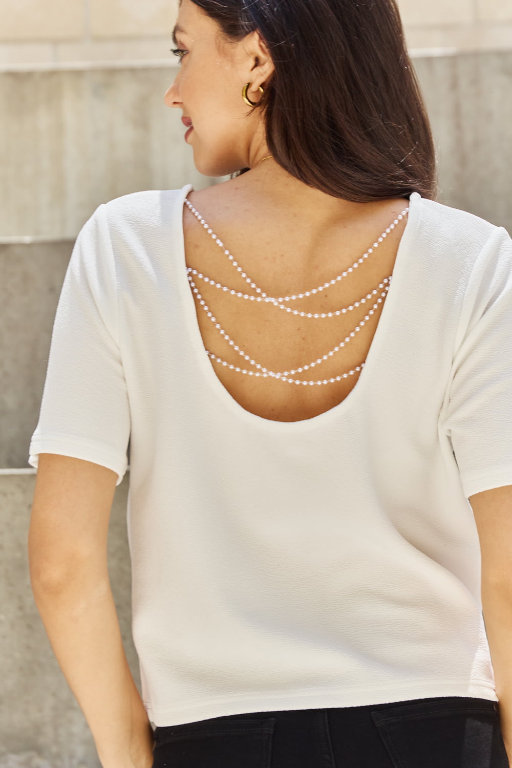 Pearly Criss Cross Pearl Detail Open Back T-Shirt