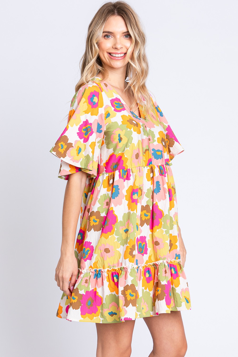 GeeGee Floral V-Neck Ruffle Trim Mini Dress