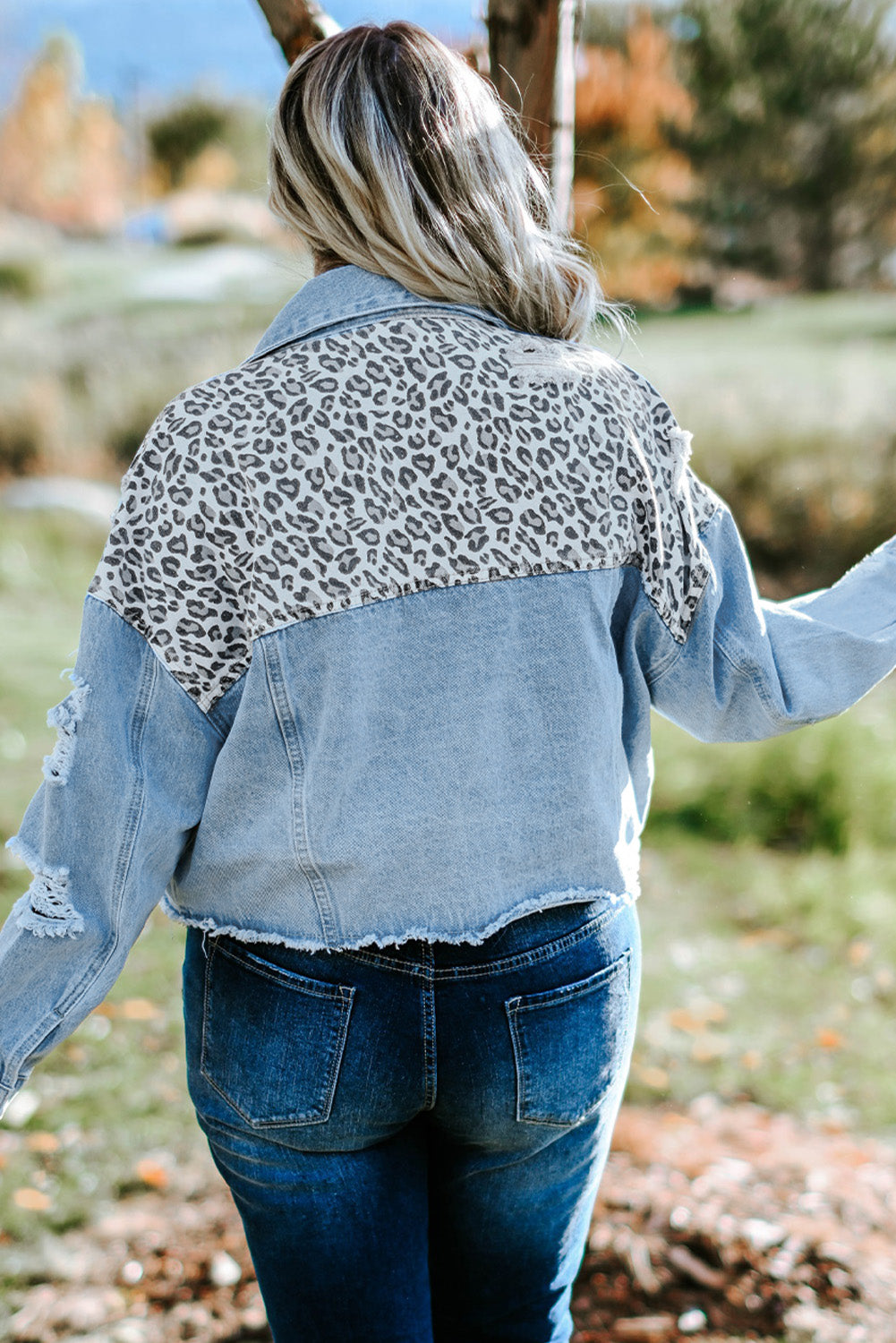 Curvy Leopard Raw Hem Distressed Spliced Denim Jacket