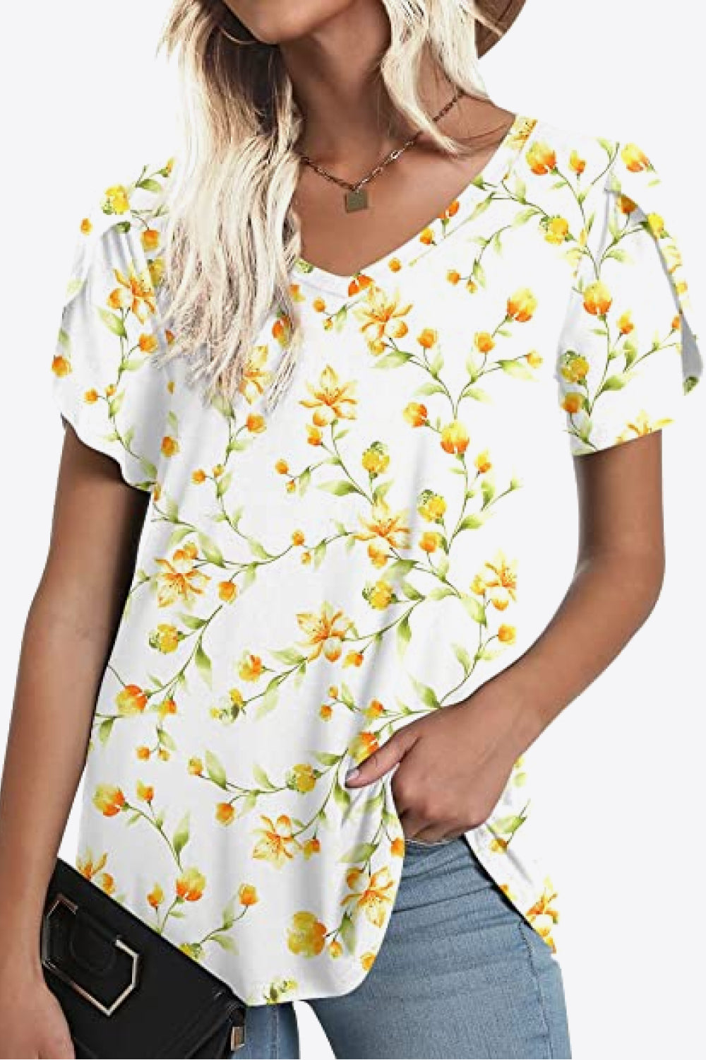 Printed Petal Sleeve Top