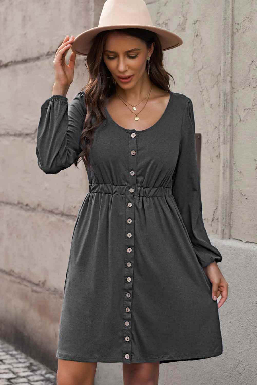 Curvy Button Front Elastic Waist Long Sleeve Dress