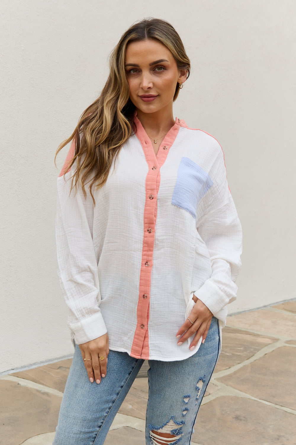 White Birch Color Block Woven Button Down Top