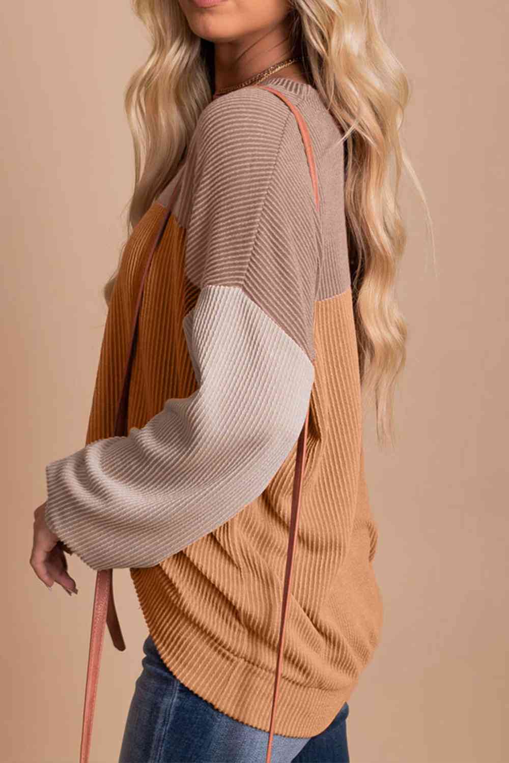 Ribbed Color Block Long Sleeve T-Shirt