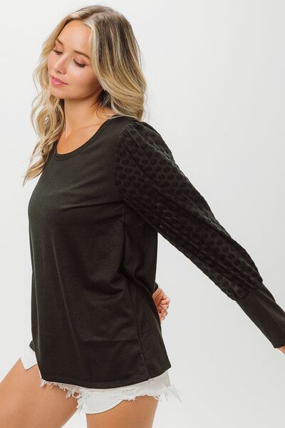 BiBi Round Neck Polka Dot Lantern Sleeve Top