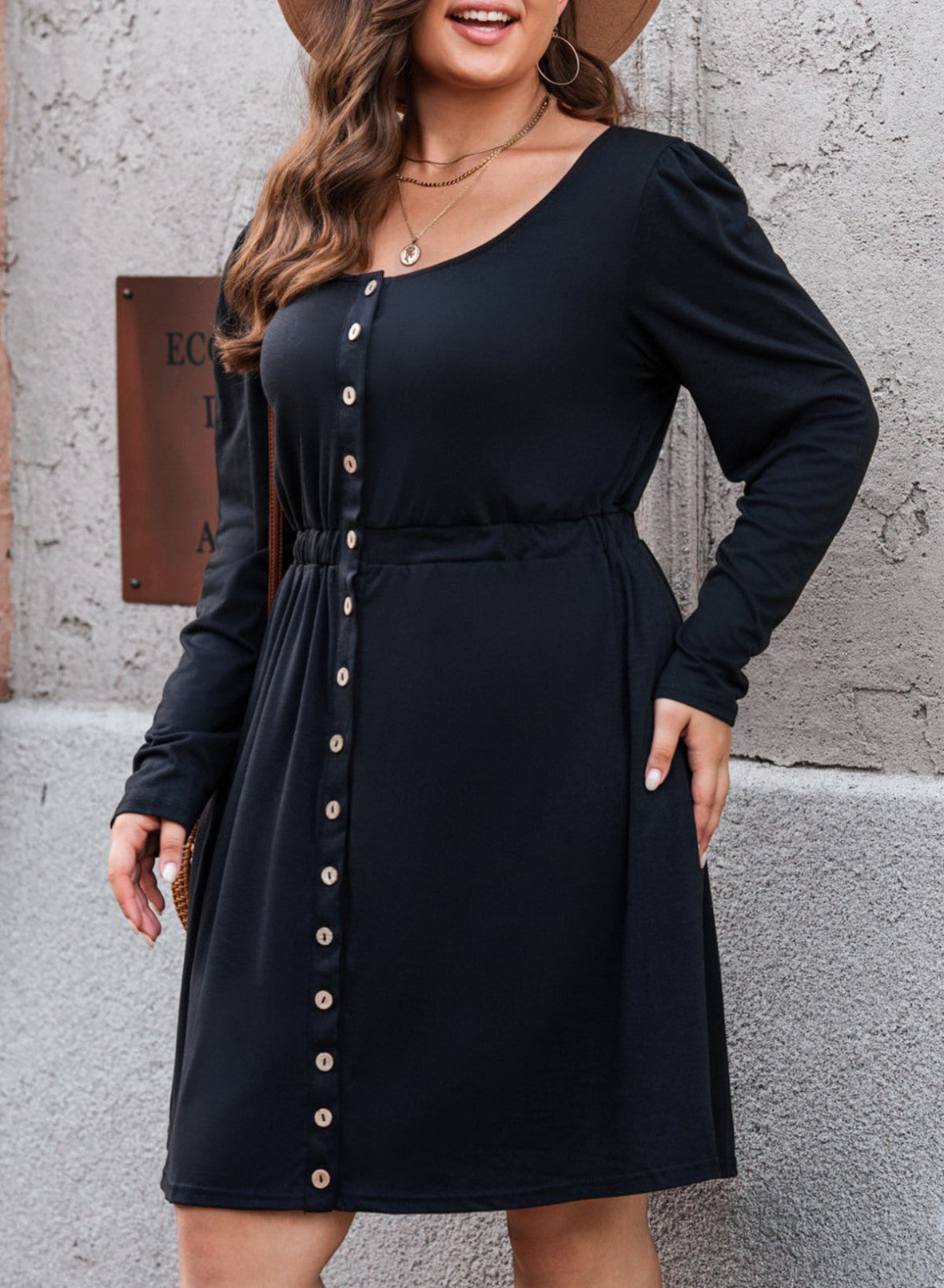 Curvy Button Front Elastic Waist Long Sleeve Dress