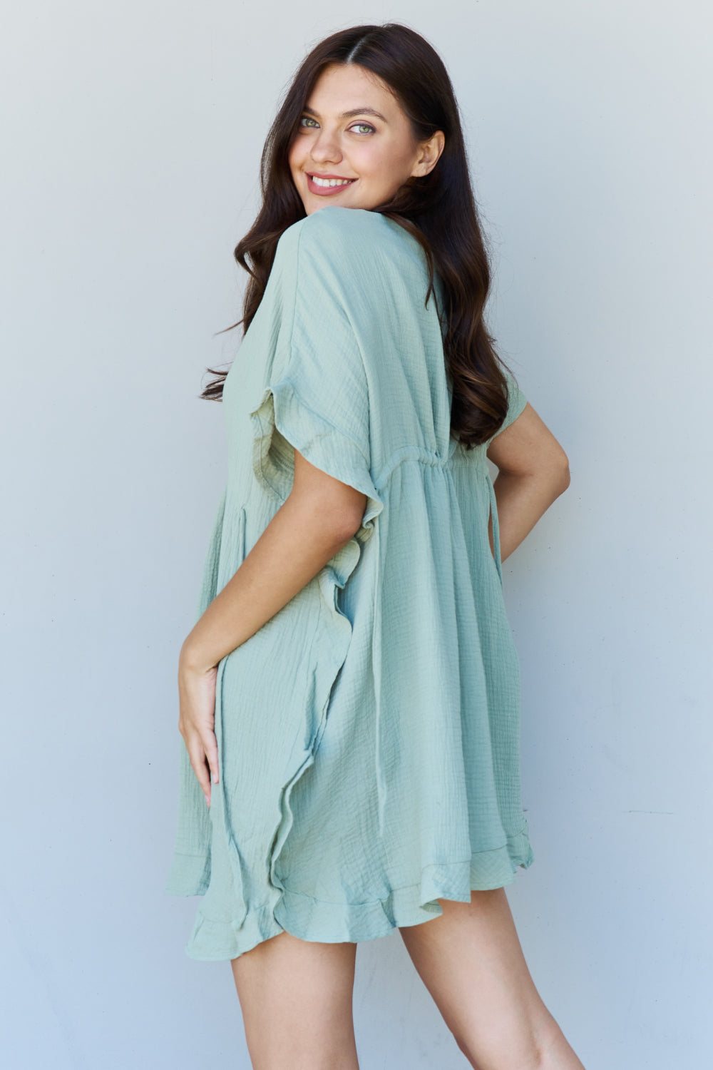 Ninexis Out Of Time Ruffle Hem Dress with Drawstring Waistband in Light Sage