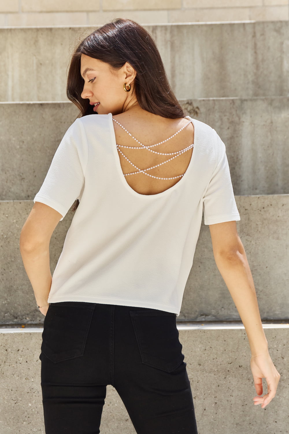 Pearly Criss Cross Pearl Detail Open Back T-Shirt