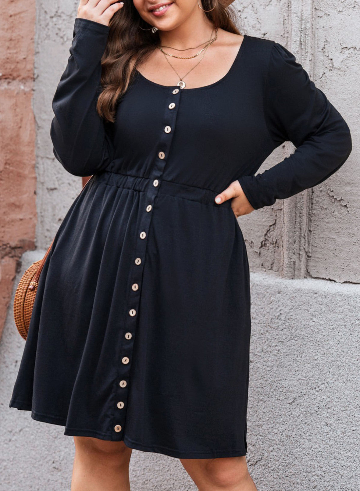 Curvy Button Front Elastic Waist Long Sleeve Dress