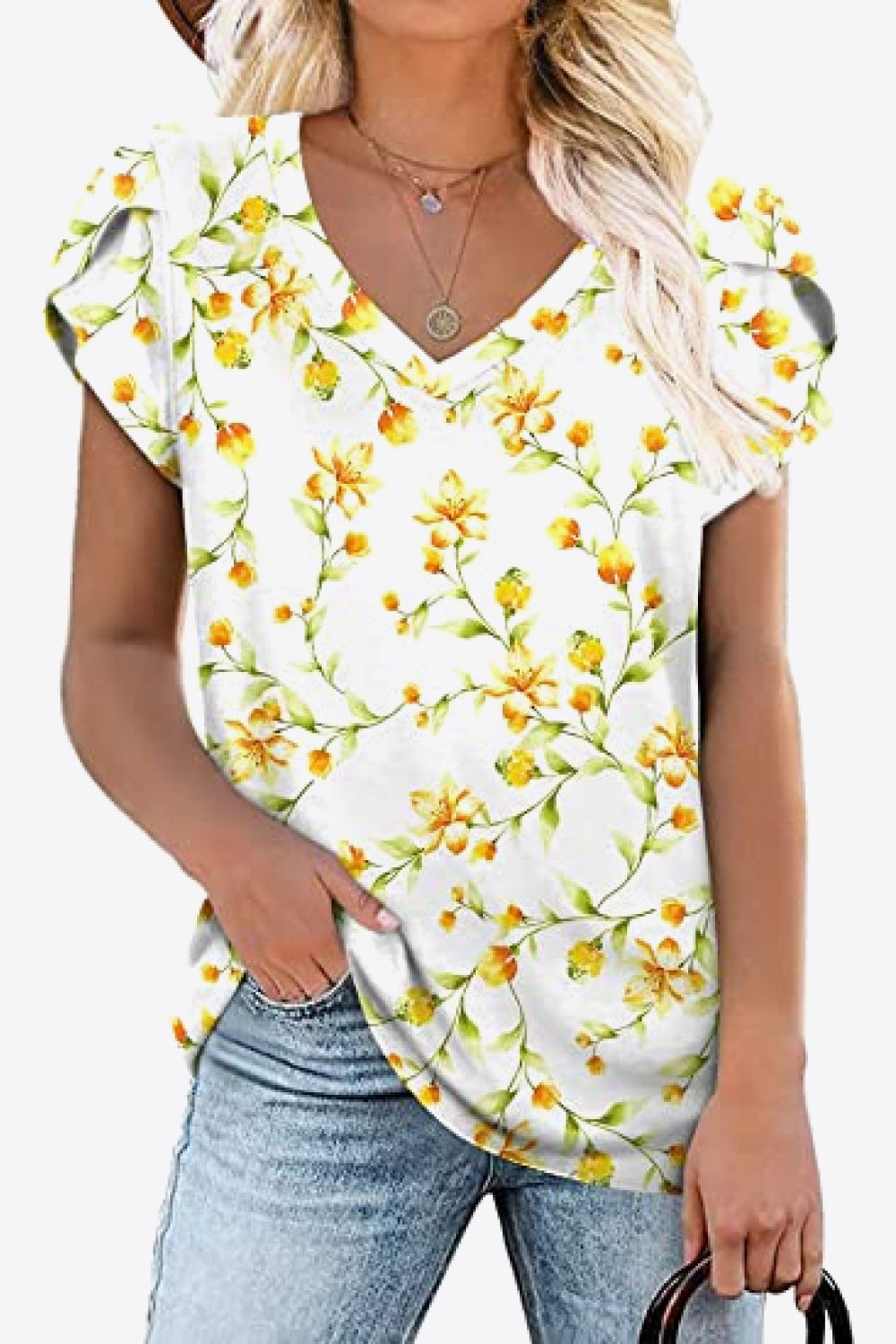 Printed Petal Sleeve Top