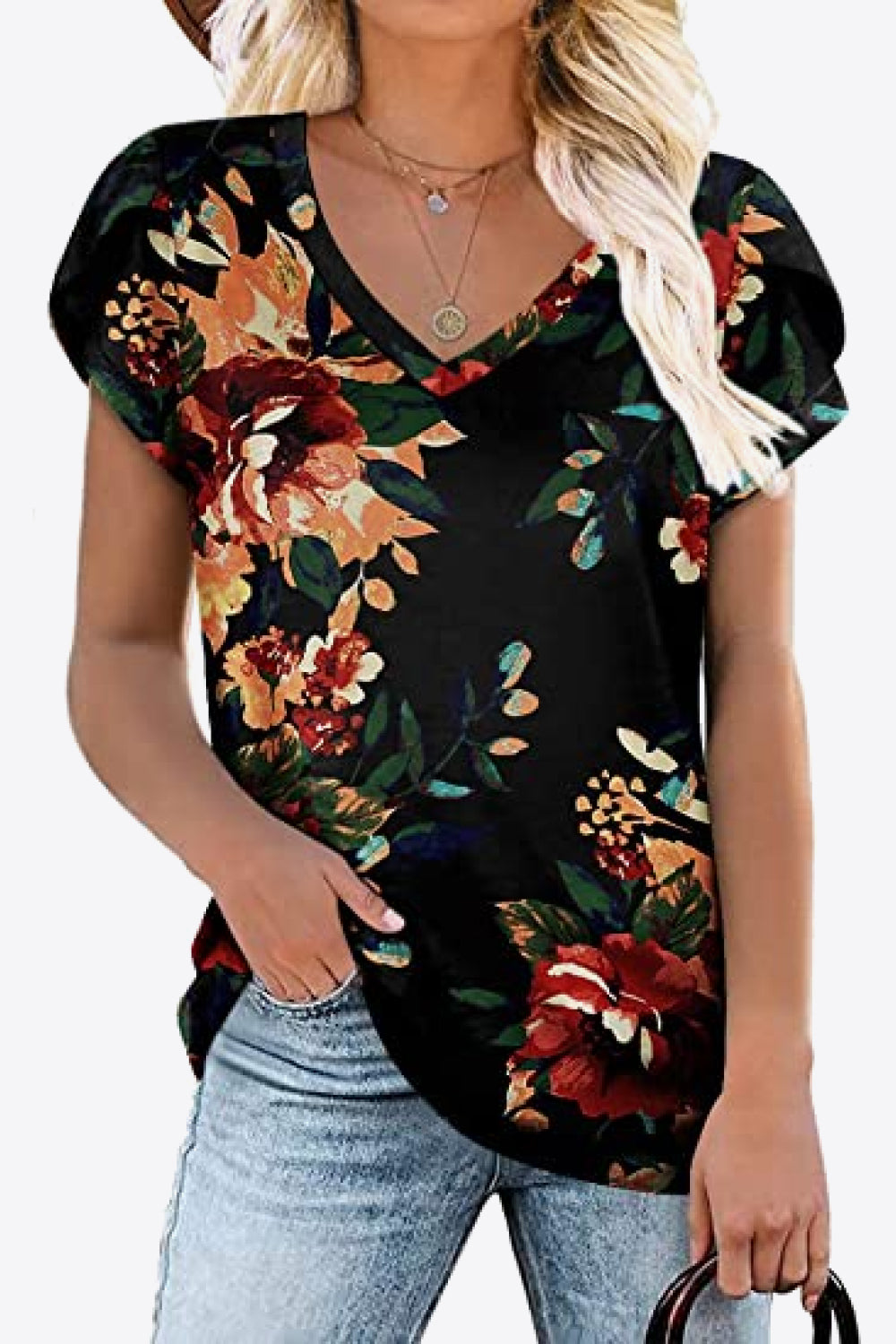 Printed Petal Sleeve Top