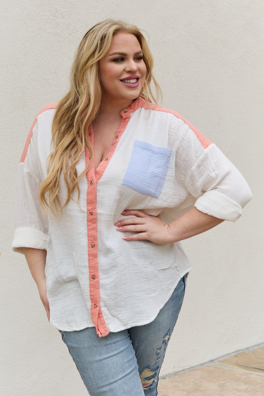 White Birch Color Block Woven Button Down Top