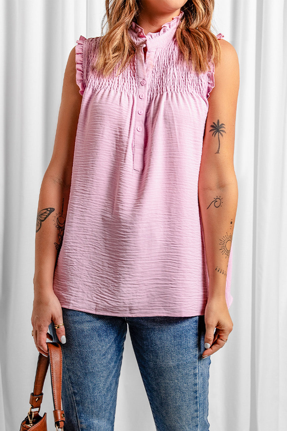 Buttoned Top- Smocked Sleeveless Blouse