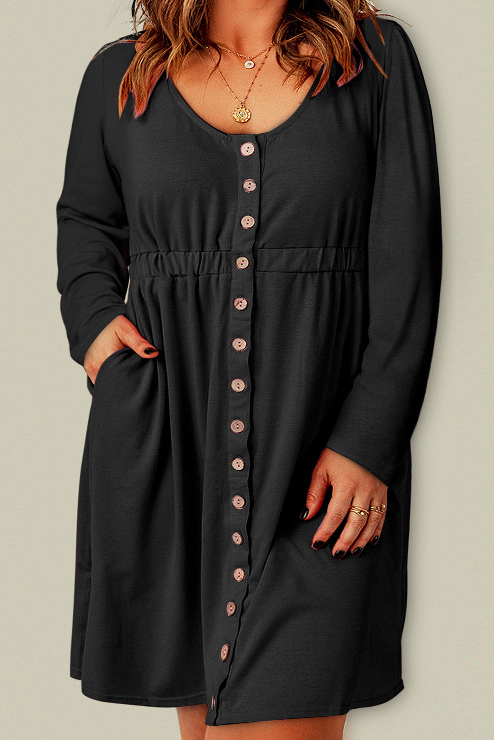 Curvy Button Front Elastic Waist Long Sleeve Dress