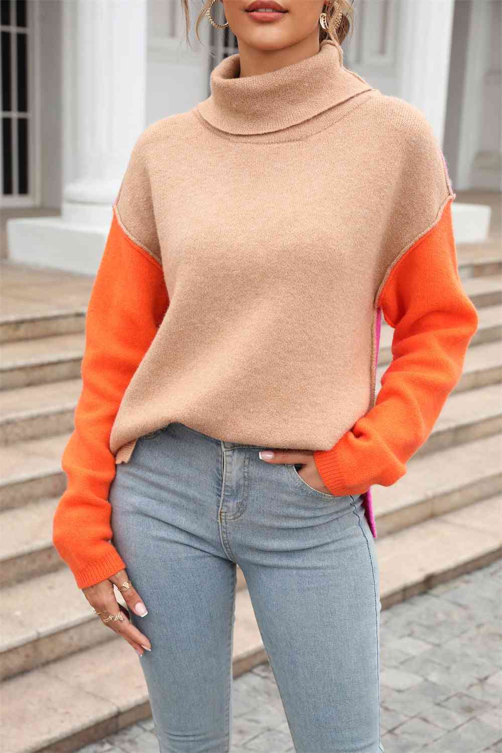 Double Take Color Block Turtleneck Sweater