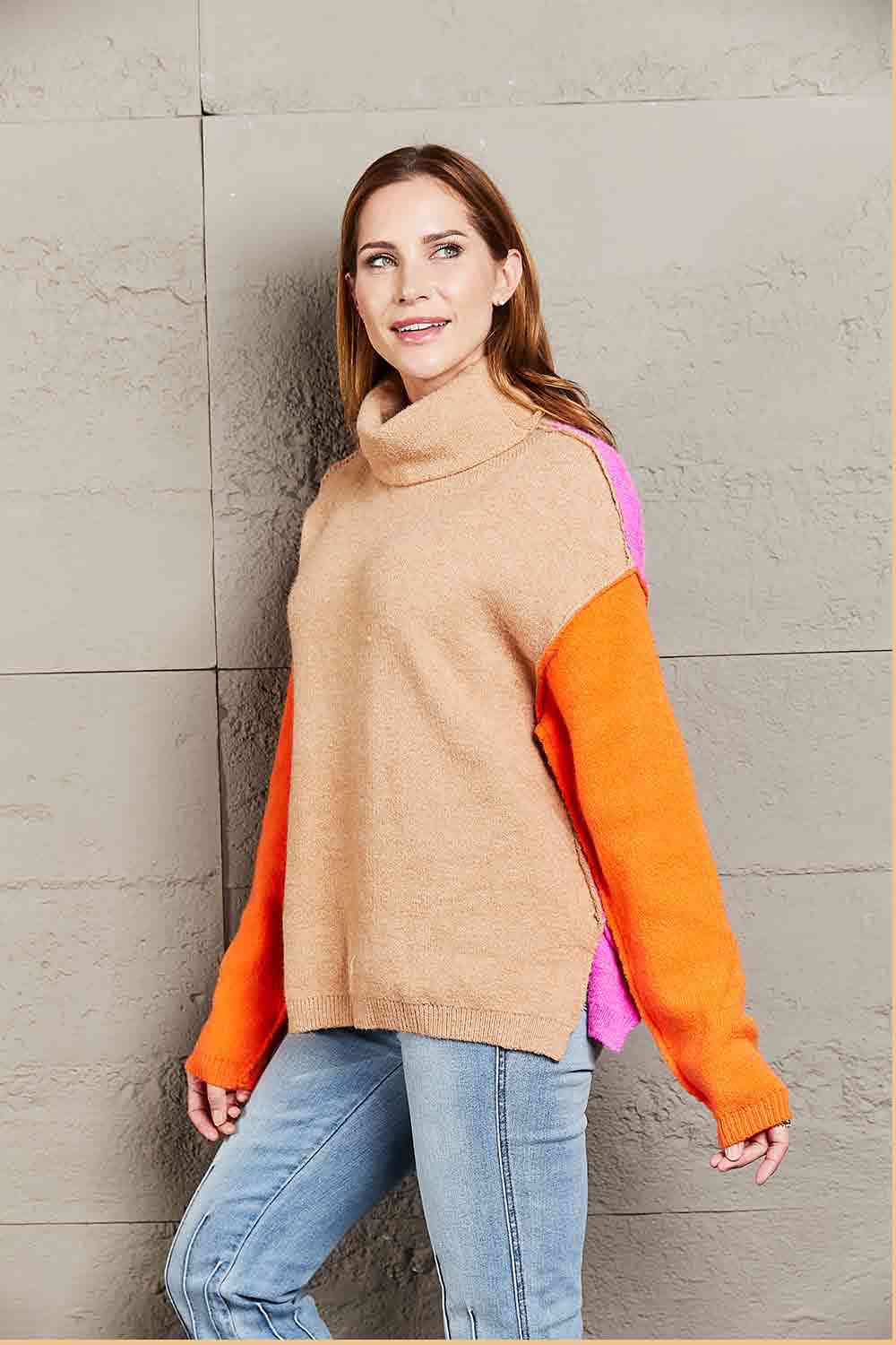 Double Take Color Block Turtleneck Sweater