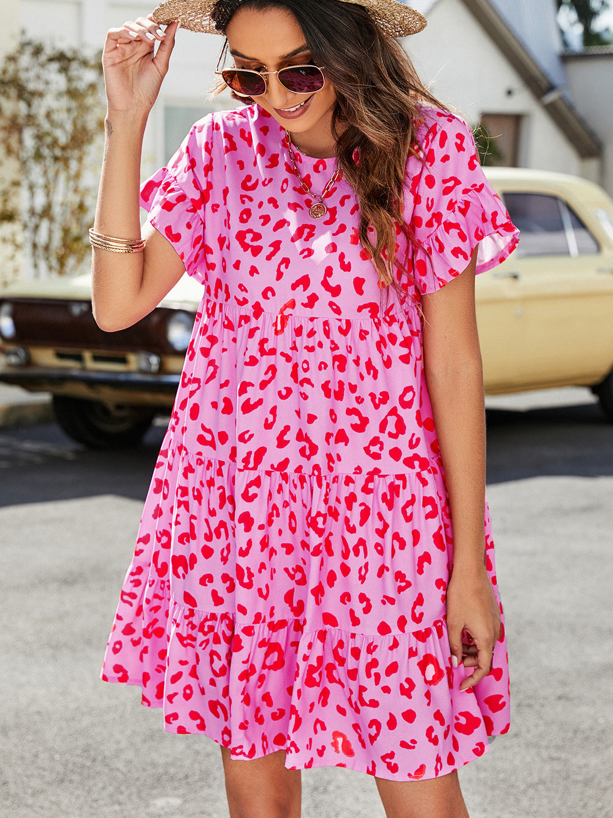 Short Sleeve Flounce Tiered Dress