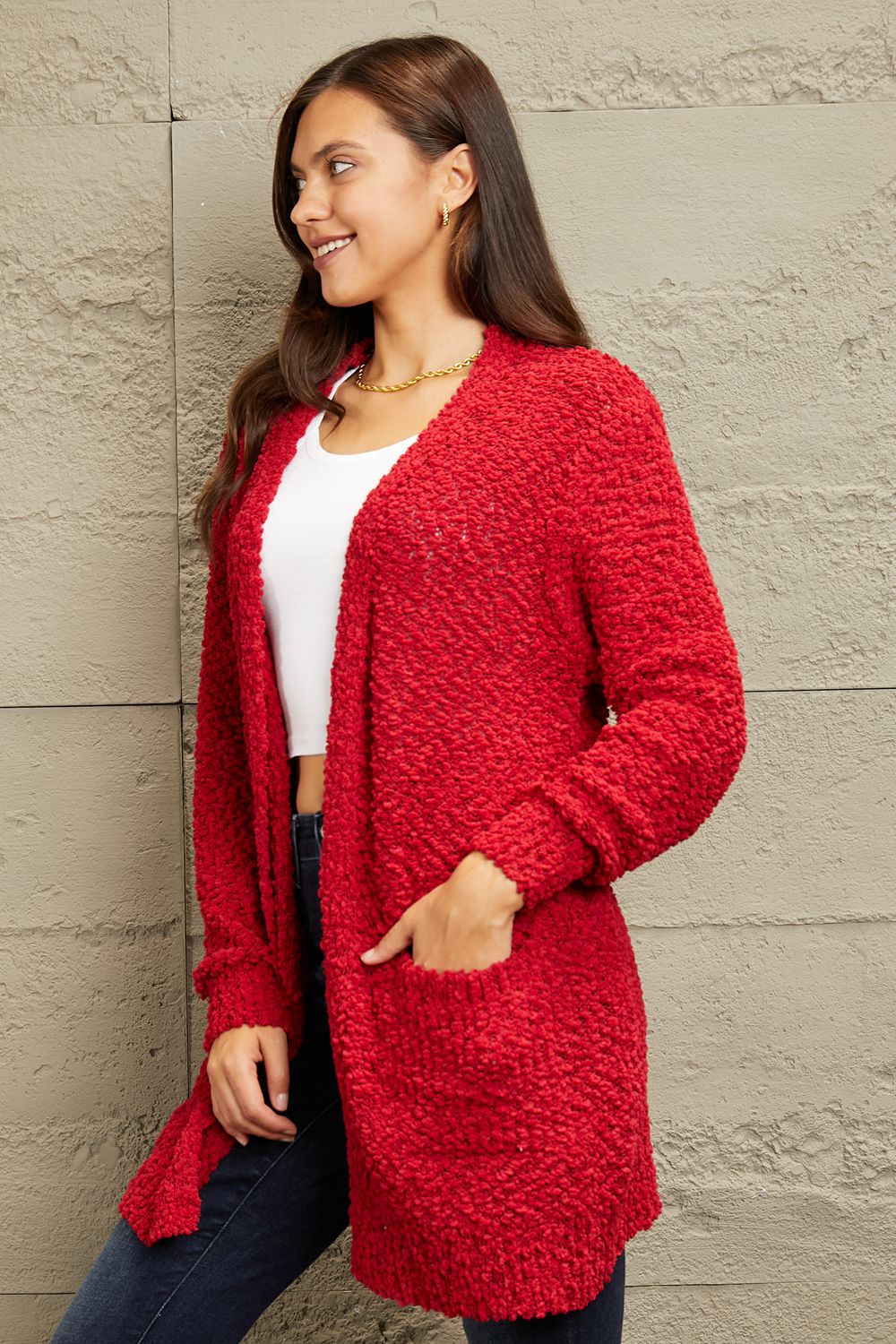 Zenana Falling For You Open Front Popcorn Cardigan