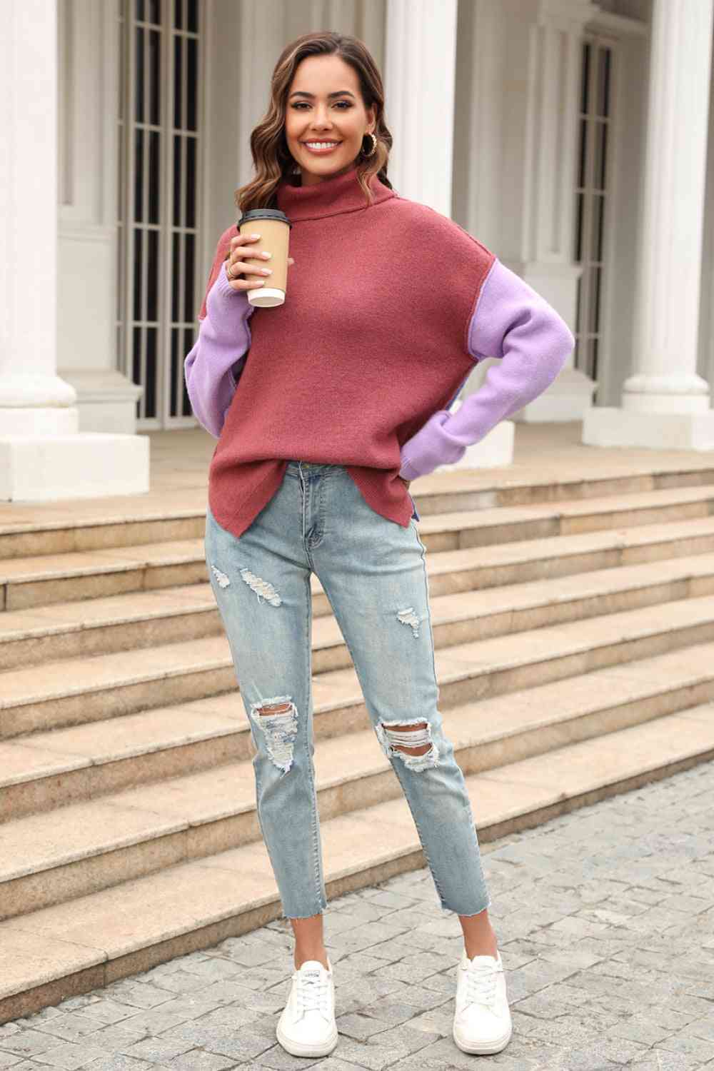 Double Take Color Block Turtleneck Sweater