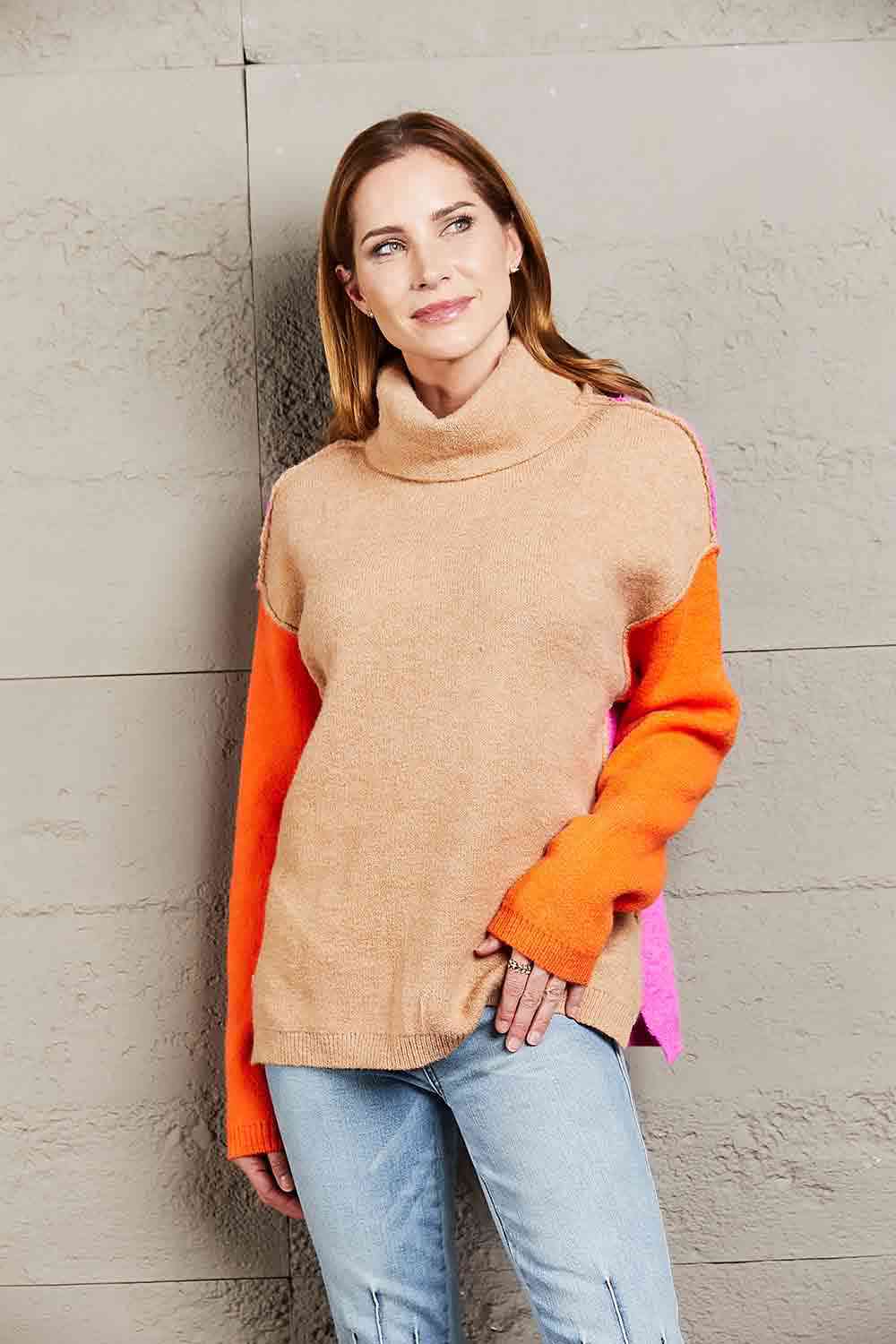 Double Take Color Block Turtleneck Sweater