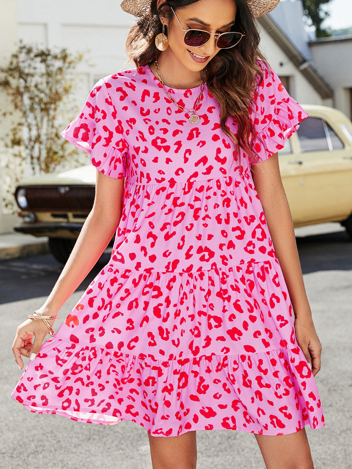 Short Sleeve Flounce Tiered Dress