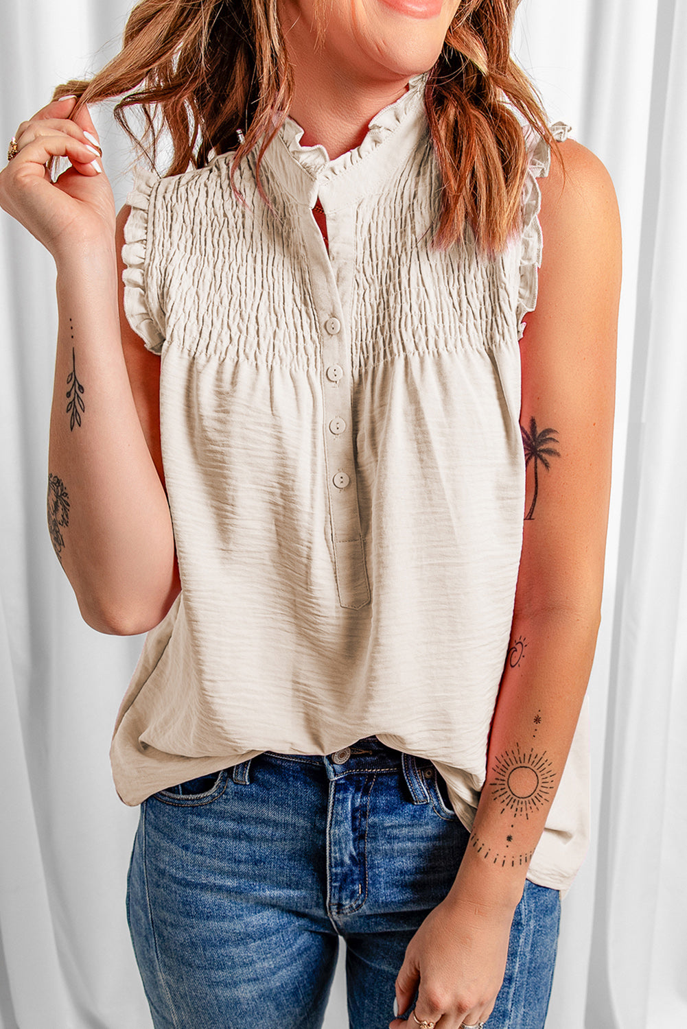 Buttoned Top- Smocked Sleeveless Blouse