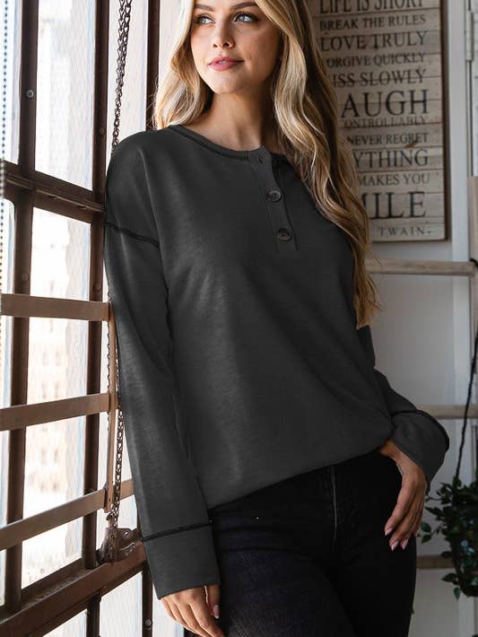 Curvy Black Henley with Stitch and Buttons