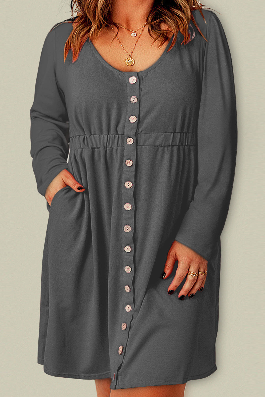 Curvy Button Front Elastic Waist Long Sleeve Dress