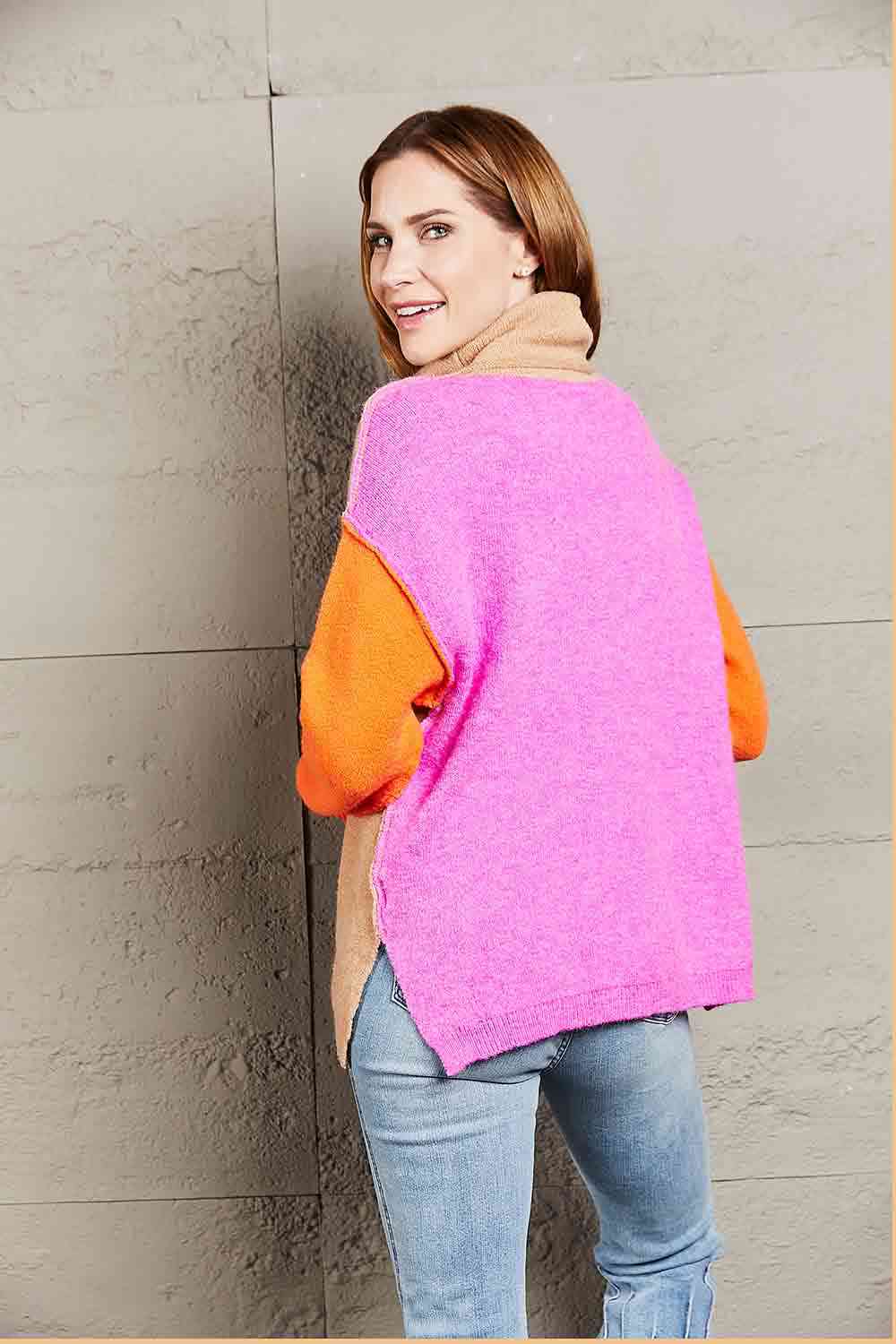 Double Take Color Block Turtleneck Sweater