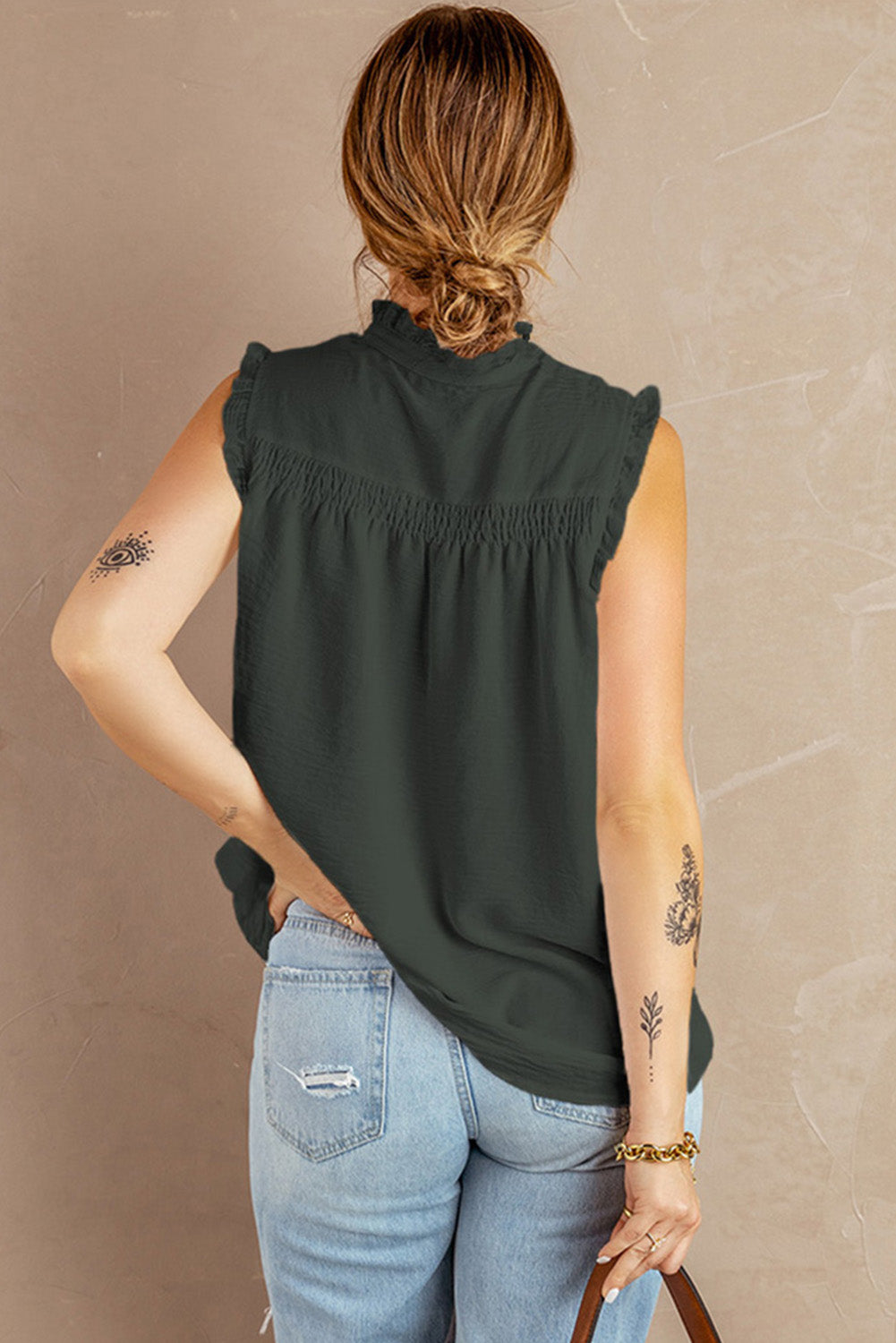 Buttoned Top- Smocked Sleeveless Blouse