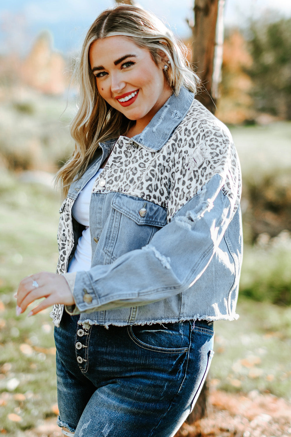 Curvy Leopard Raw Hem Distressed Spliced Denim Jacket