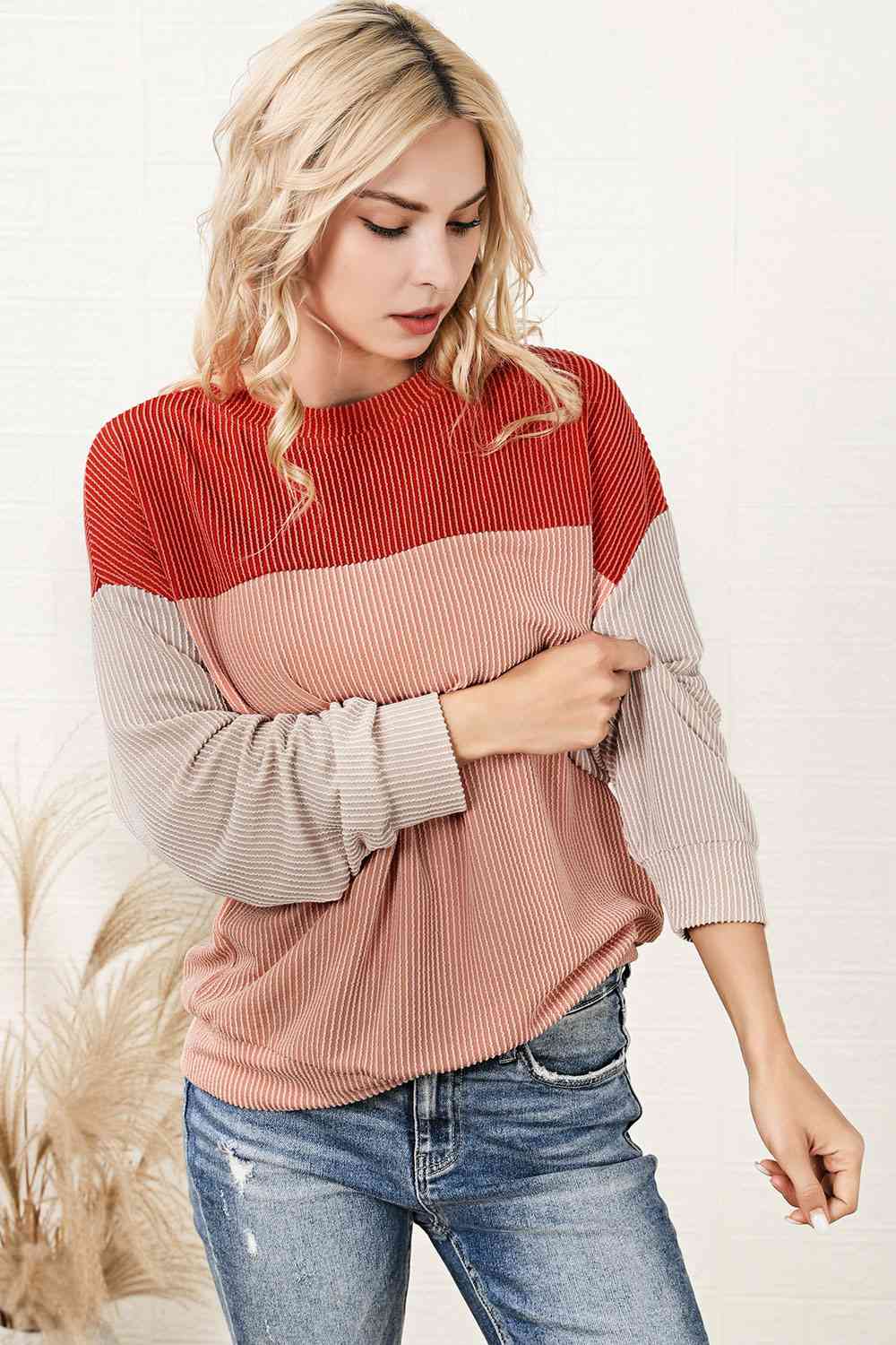 Ribbed Color Block Long Sleeve T-Shirt