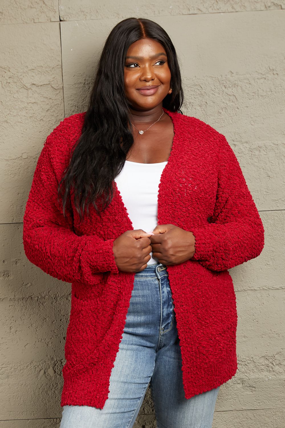 Zenana Falling For You Open Front Popcorn Cardigan