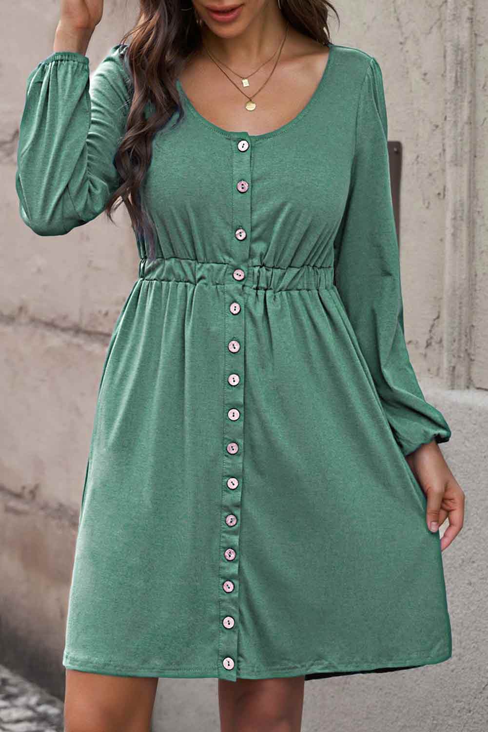 Curvy Button Front Elastic Waist Long Sleeve Dress