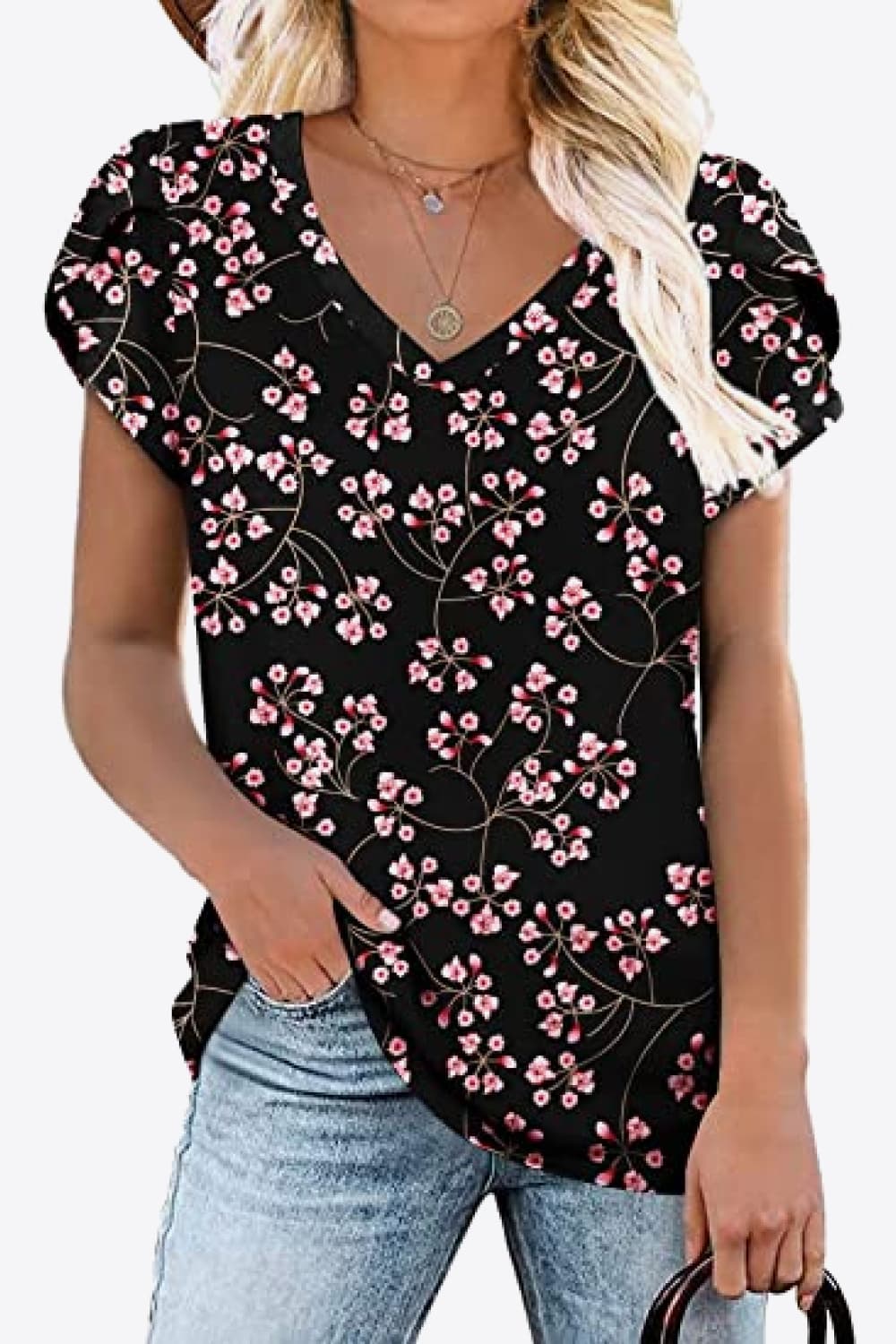 Printed Petal Sleeve Top