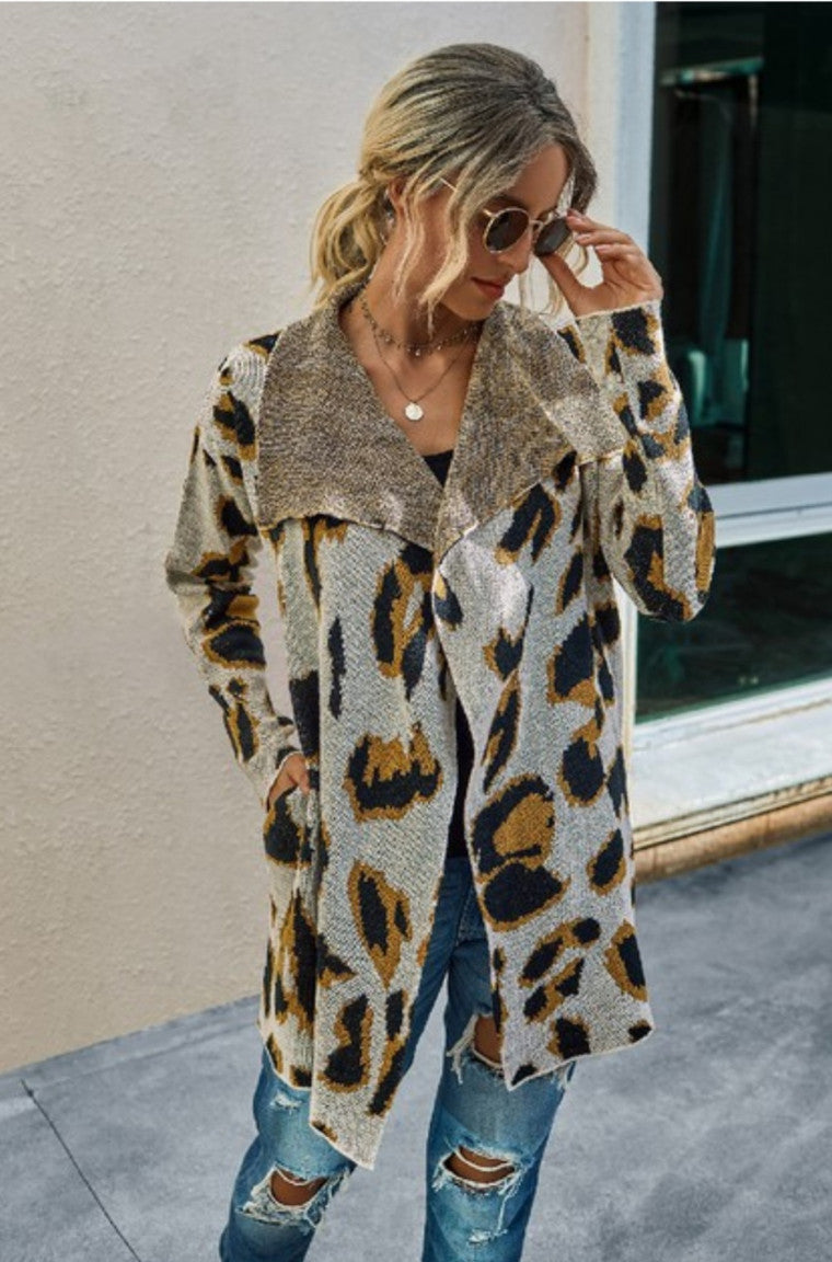 Leopard Open Front Cardigan with Pockets