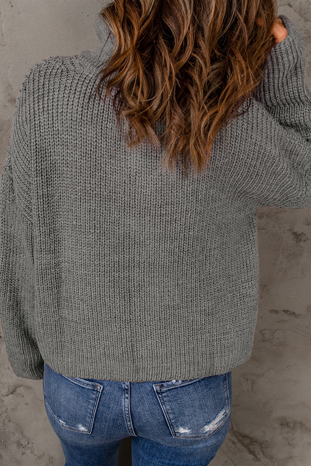 Half Zip Rib-Knit Dropped Shoulder Sweater