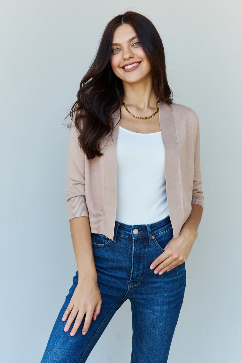 Amanda 3/4 Sleeve Cropped Cardigan in Khaki