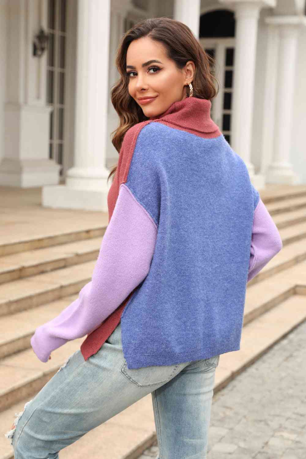 Double Take Color Block Turtleneck Sweater