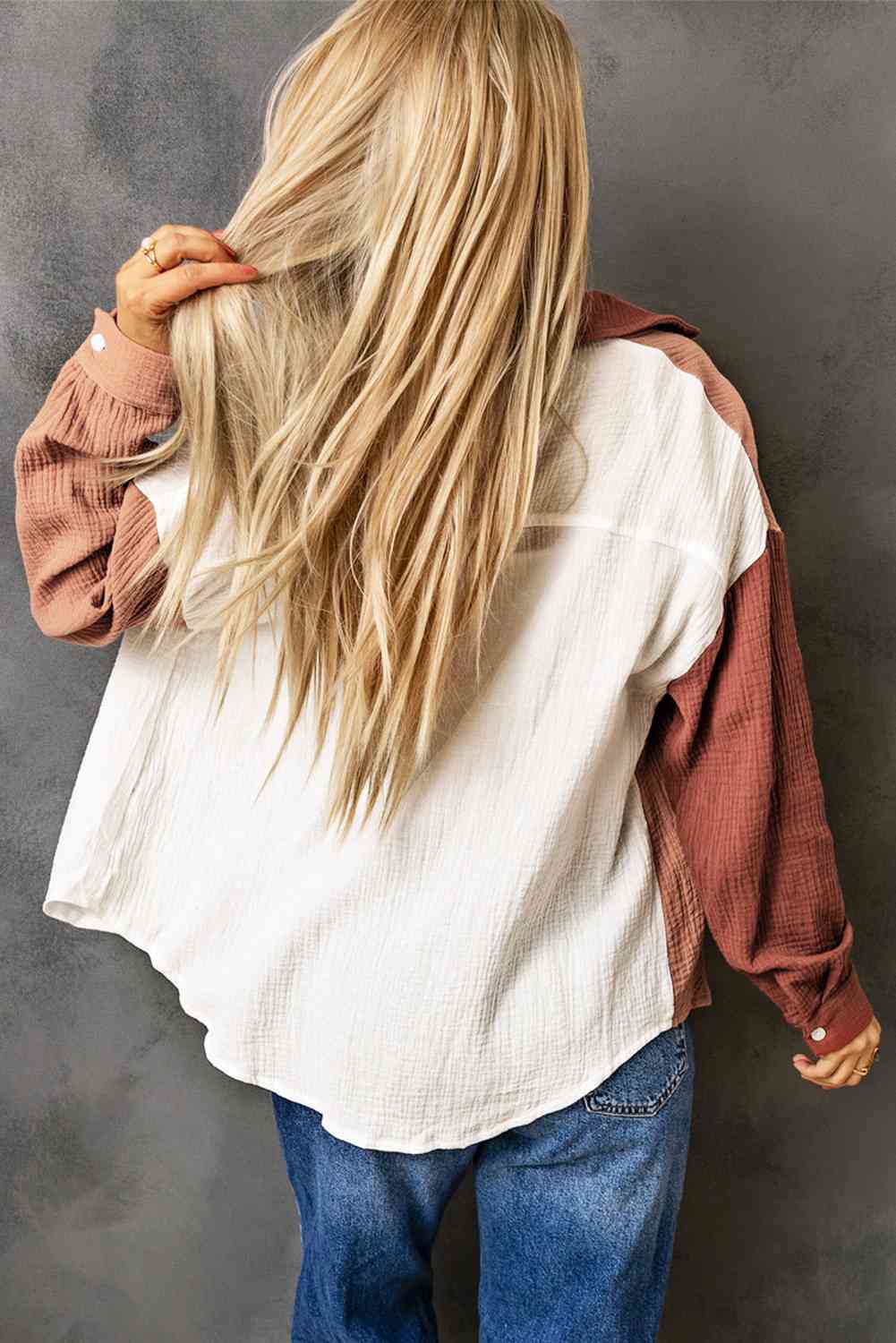 Textured Color Block Button Up Top