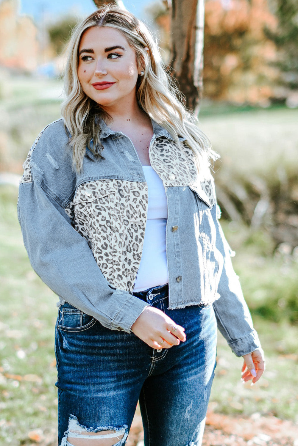 Curvy Leopard Raw Hem Distressed Spliced Denim Jacket