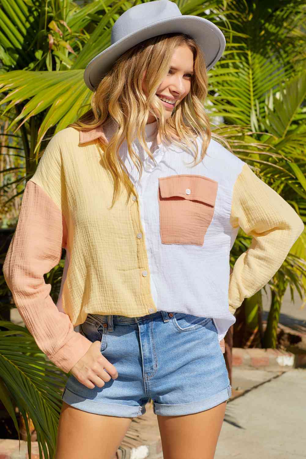 Textured Color Block Button Up Top