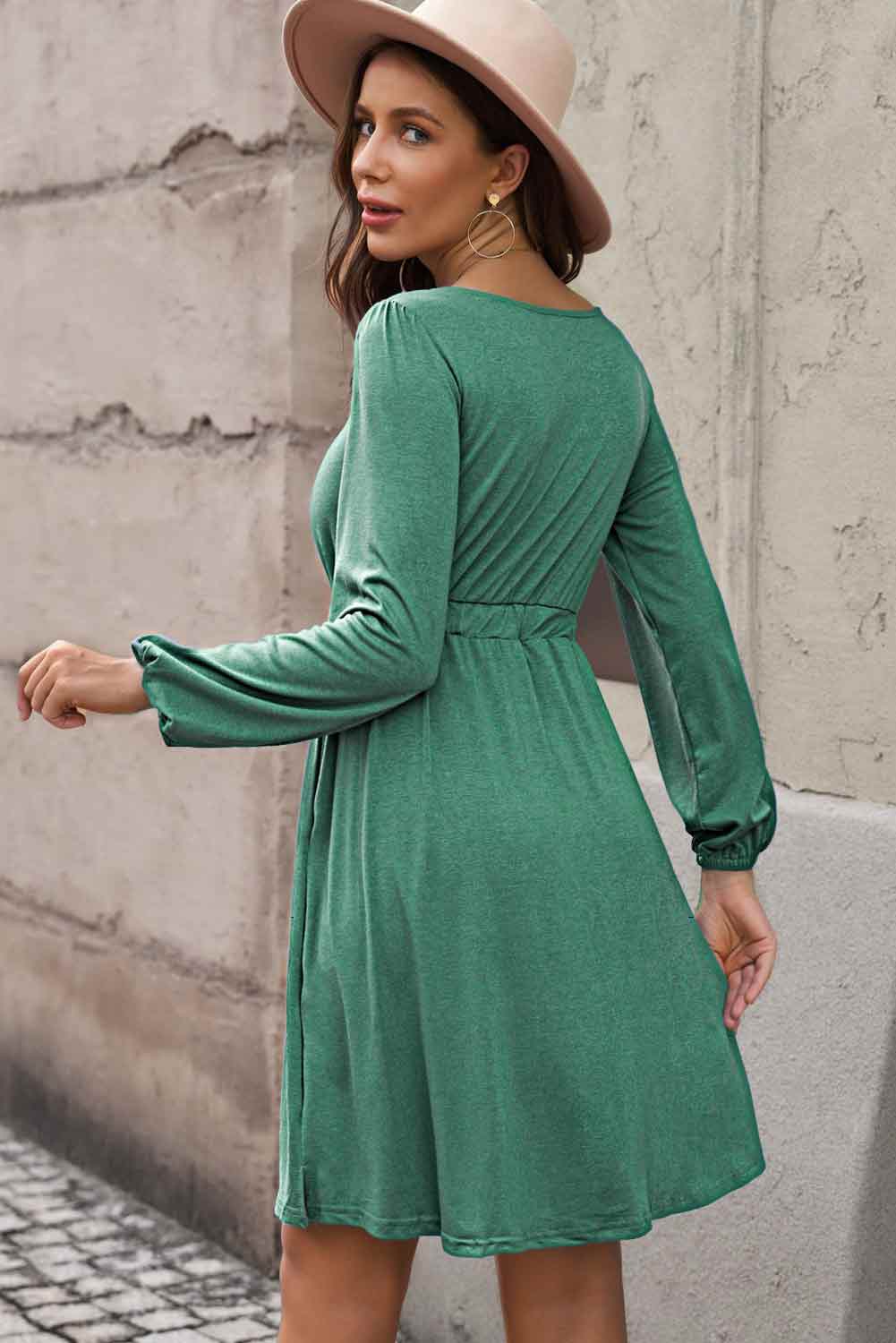 Curvy Button Front Elastic Waist Long Sleeve Dress