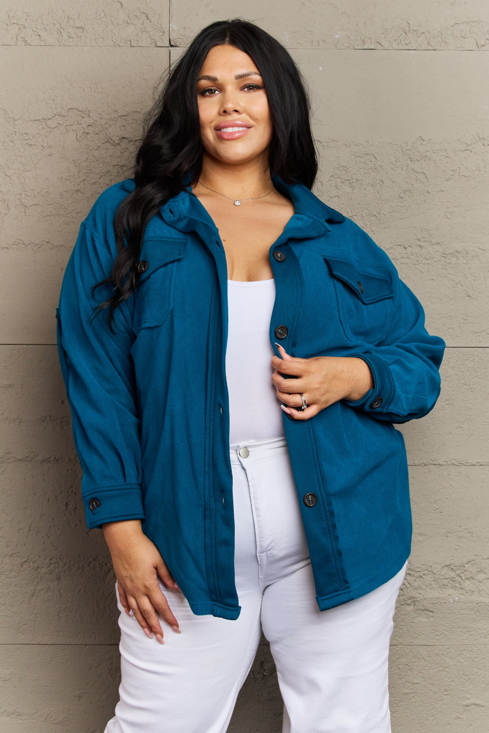 Cozy in the Cabin Fleece Elbow Patch Shacket in Teal