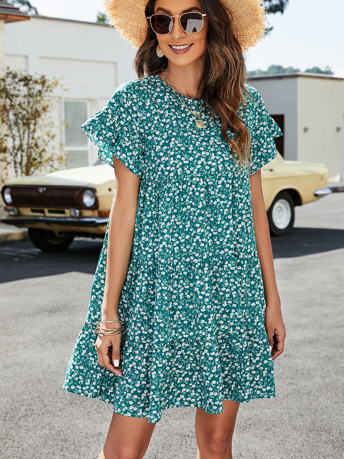 Short Sleeve Flounce Tiered Dress