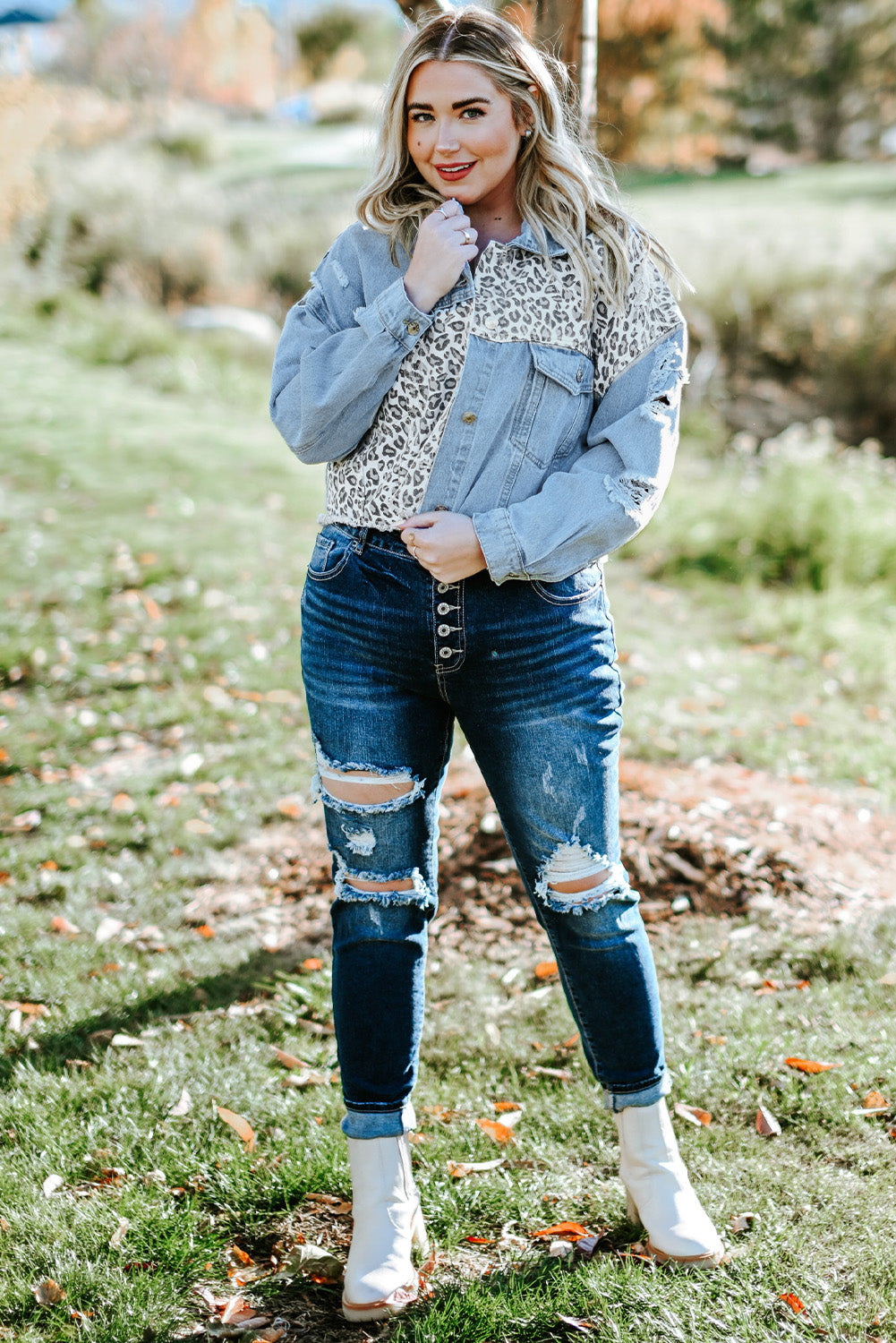 Curvy Leopard Raw Hem Distressed Spliced Denim Jacket