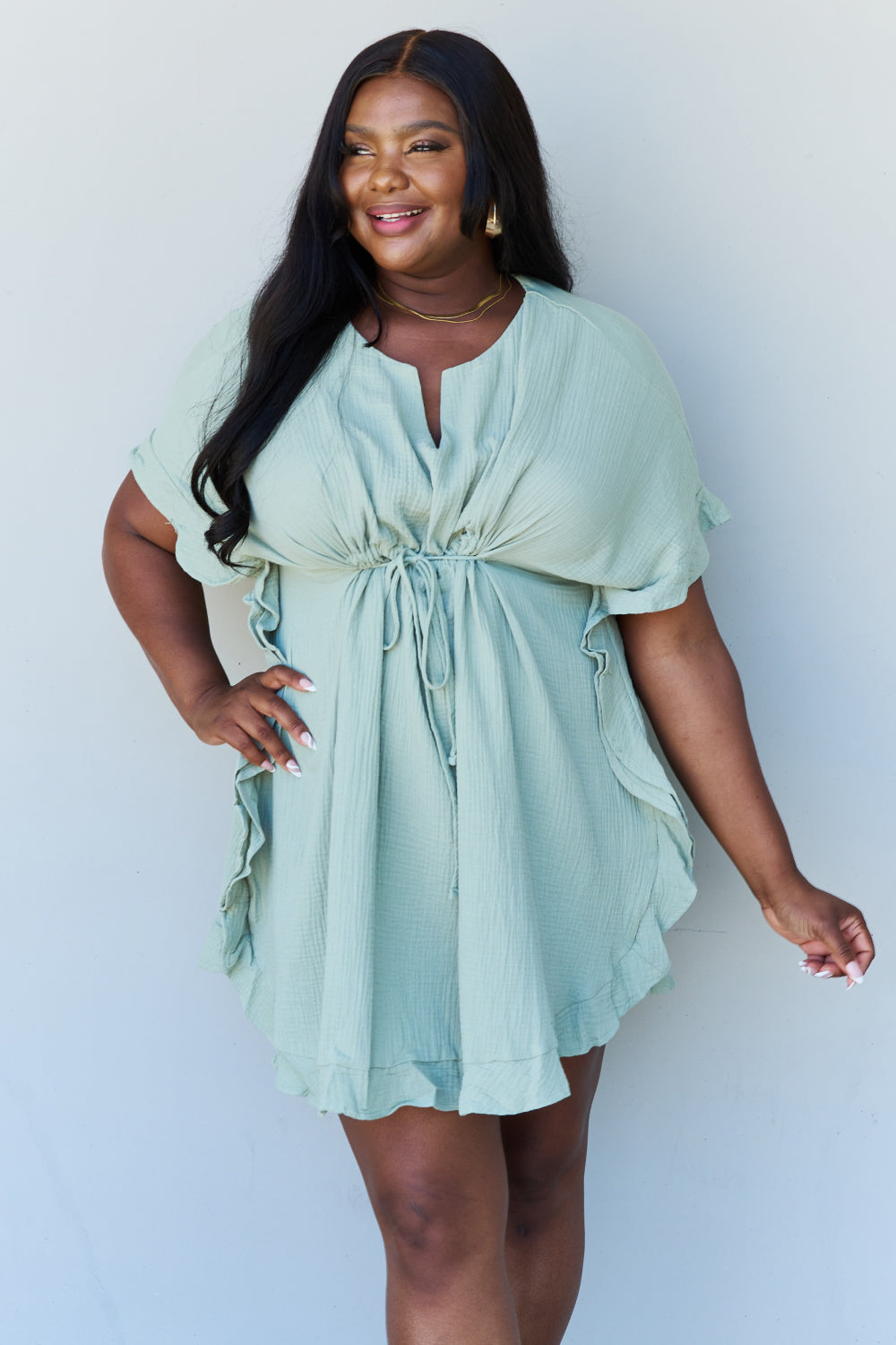 Ninexis Out Of Time Ruffle Hem Dress with Drawstring Waistband in Light Sage